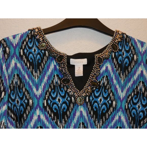 Women's Dress Size L/12, Blue pattern with Beaded embellishments, Chico's Brand - Picture 2 of 5